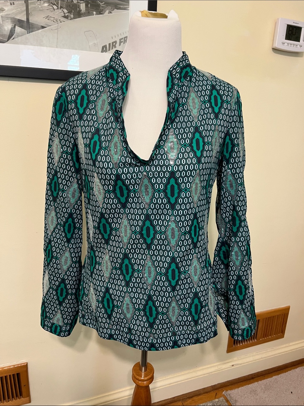 Tory Burch Teal and Black Geometric V-Neck Blouse